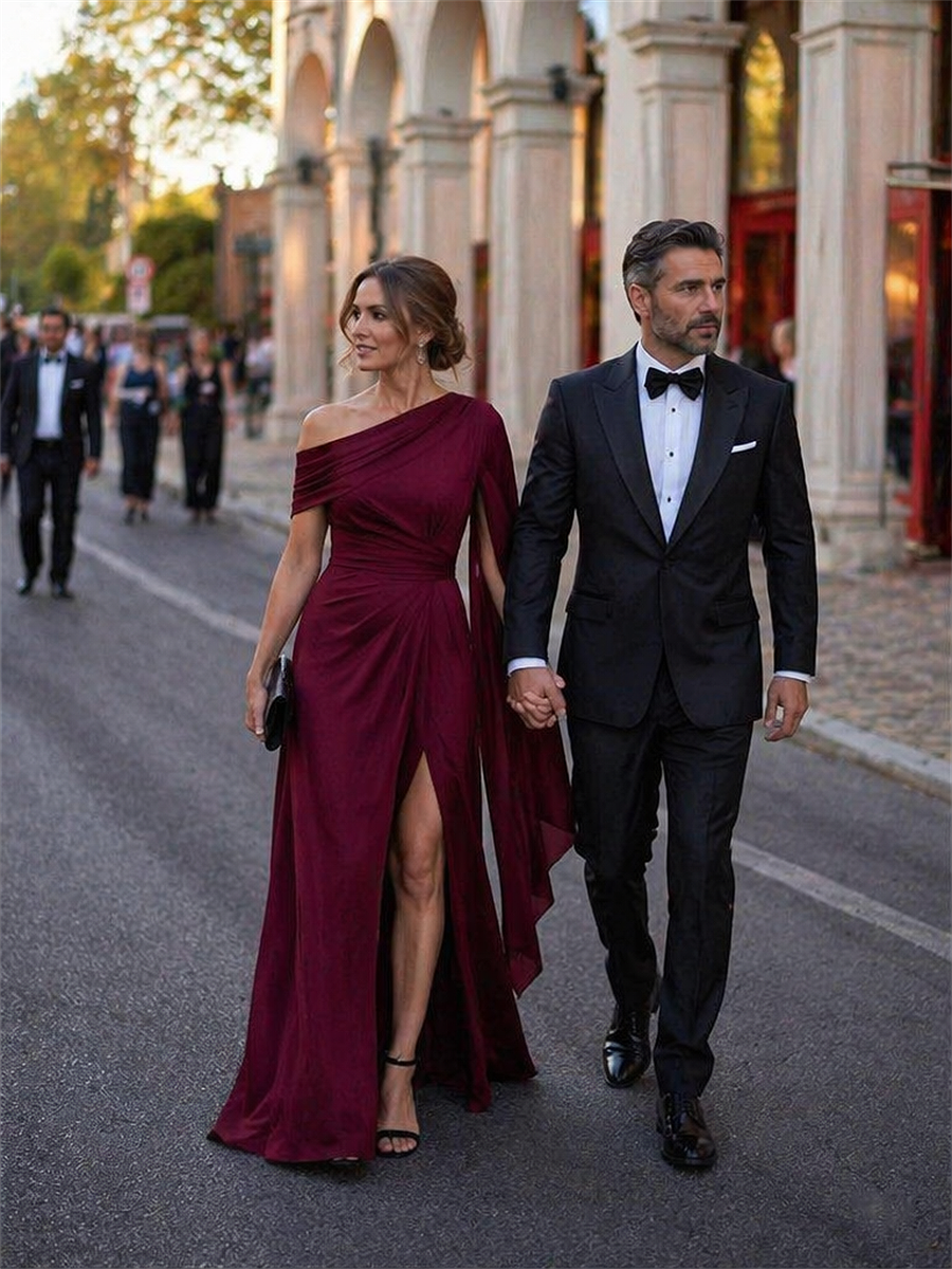 One-shoulder Ribbon detail Slit Maxi Evening Dress #color_Burgundy