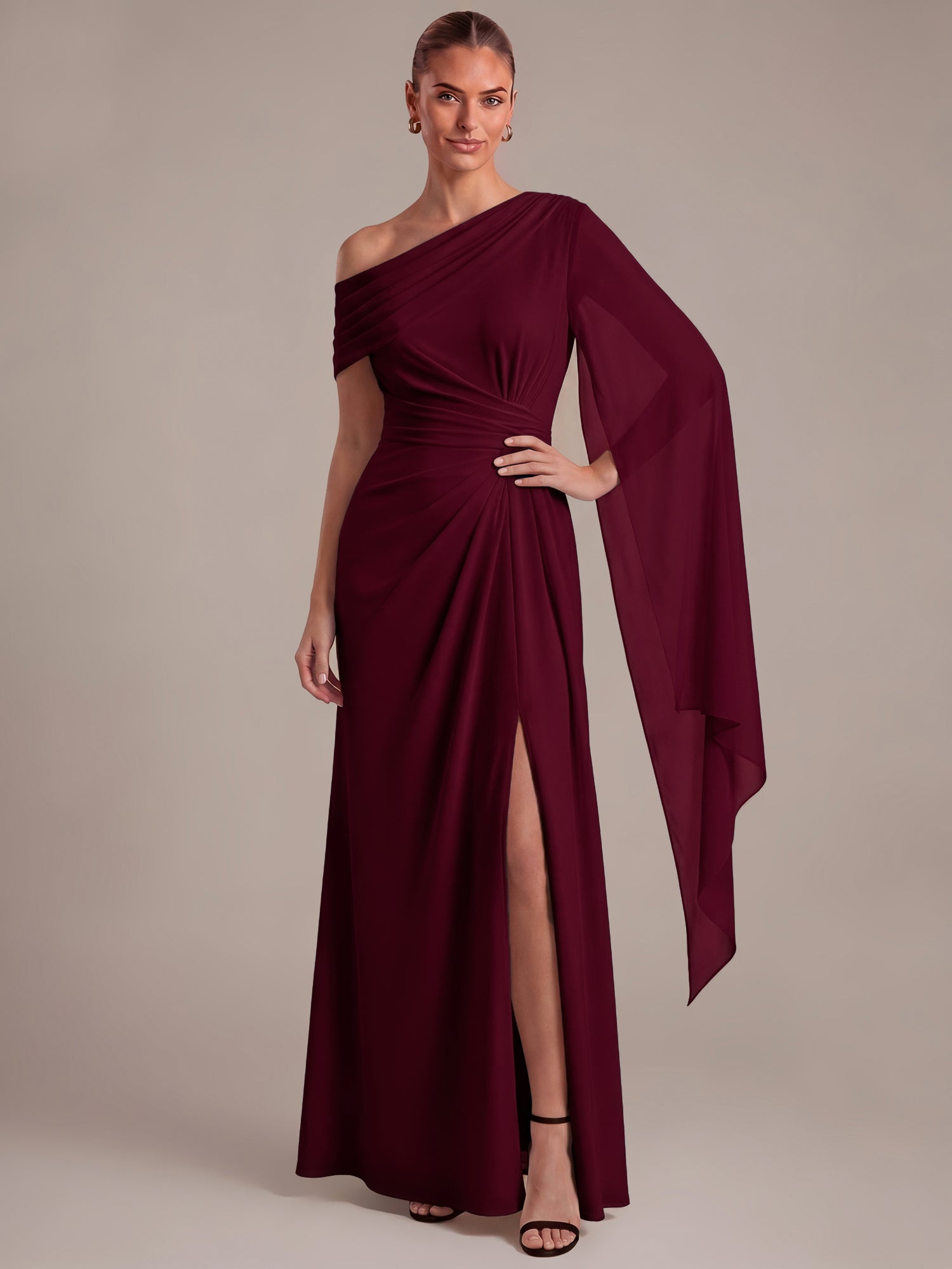 One-shoulder Ribbon detail Slit Maxi Evening Dress #color_Burgundy