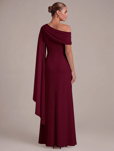 One-shoulder Ribbon detail Slit Maxi Evening Dress #color_Burgundy