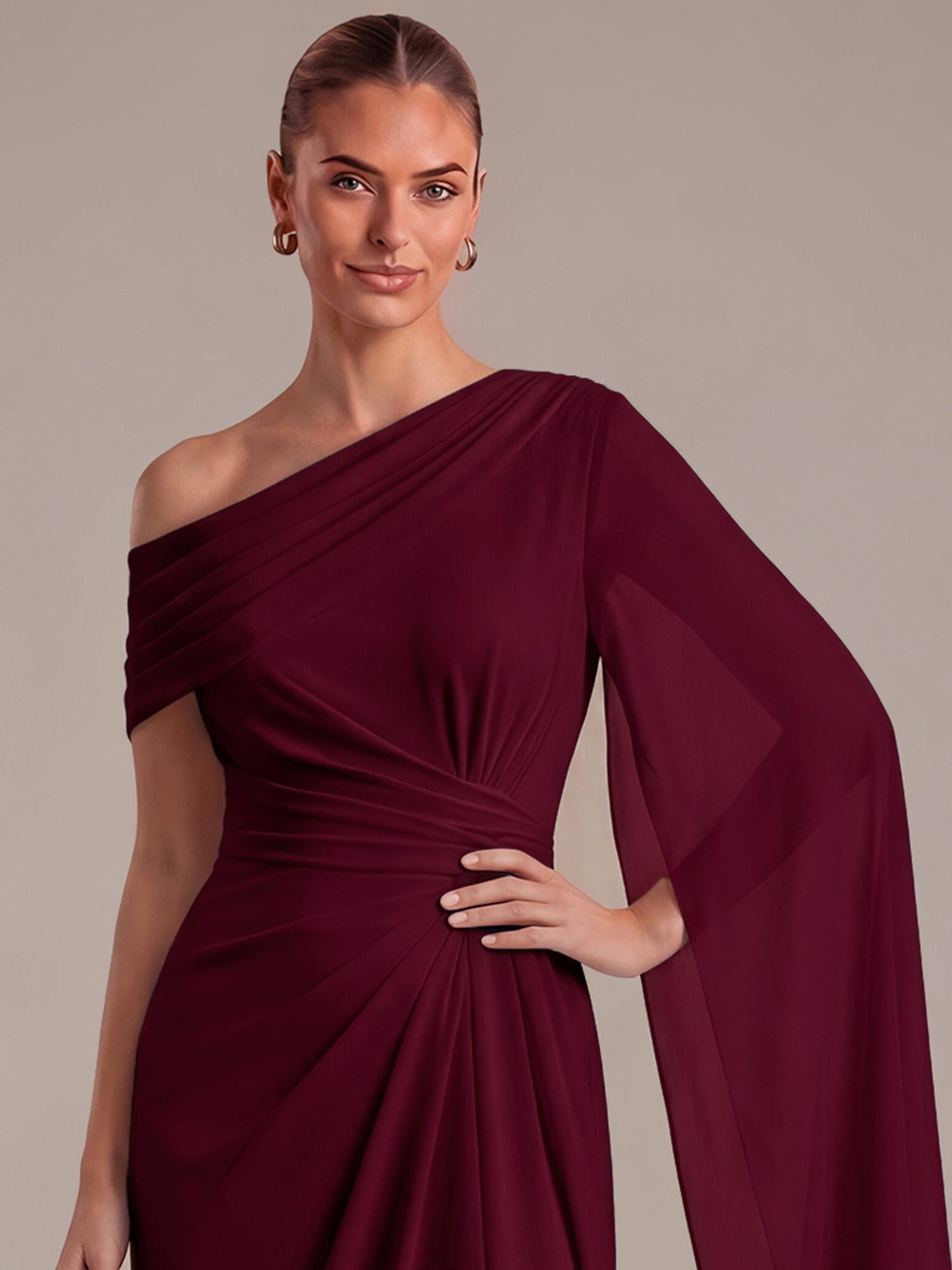 One-shoulder Ribbon detail Slit Maxi Evening Dress #color_Burgundy