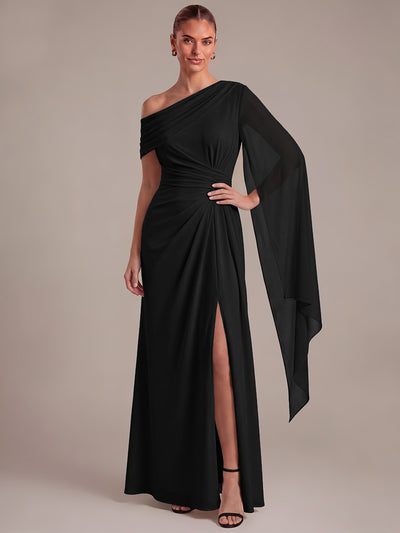 One-shoulder Ribbon detail Slit Maxi Evening Dress