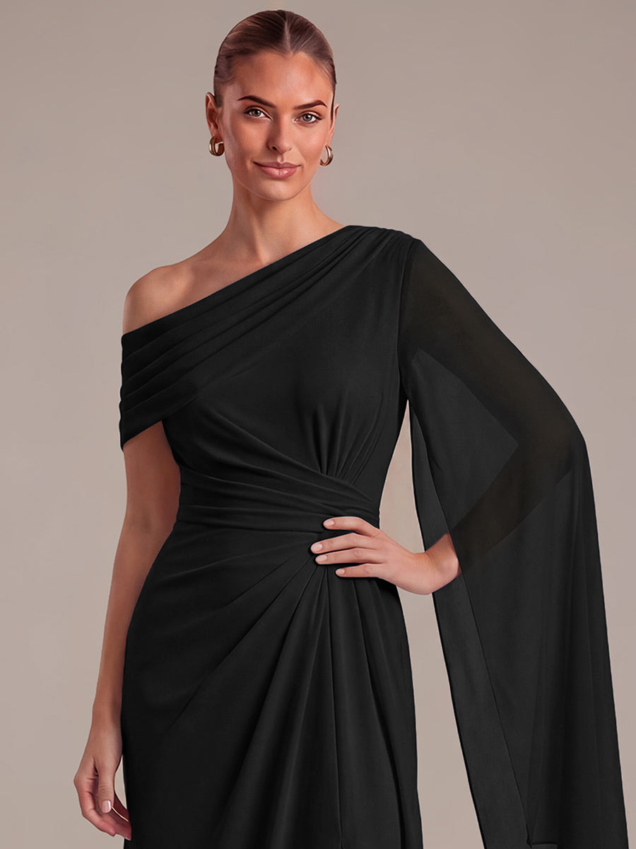 One-shoulder Ribbon detail Slit Maxi Evening Dress #color_Black