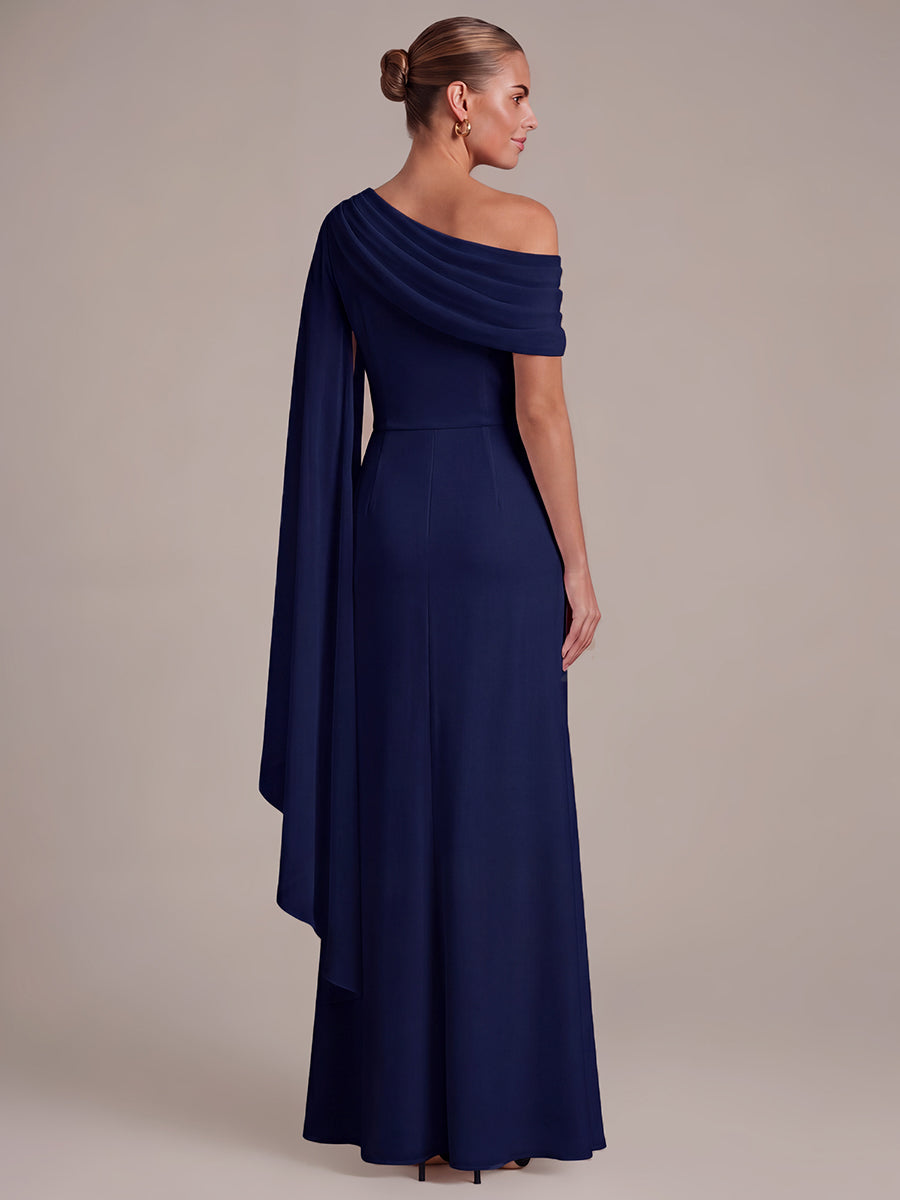 One-shoulder Ribbon detail Slit Maxi Evening Dress #color_Navy Blue