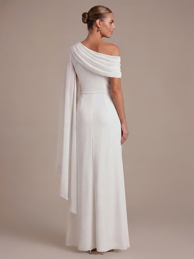 One-shoulder Ribbon detail Slit Maxi Evening Dress #color_White