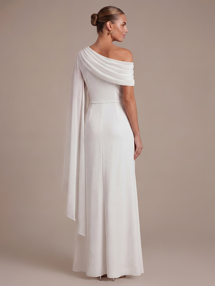 One-shoulder Ribbon detail Slit Maxi Evening Dress #color_White