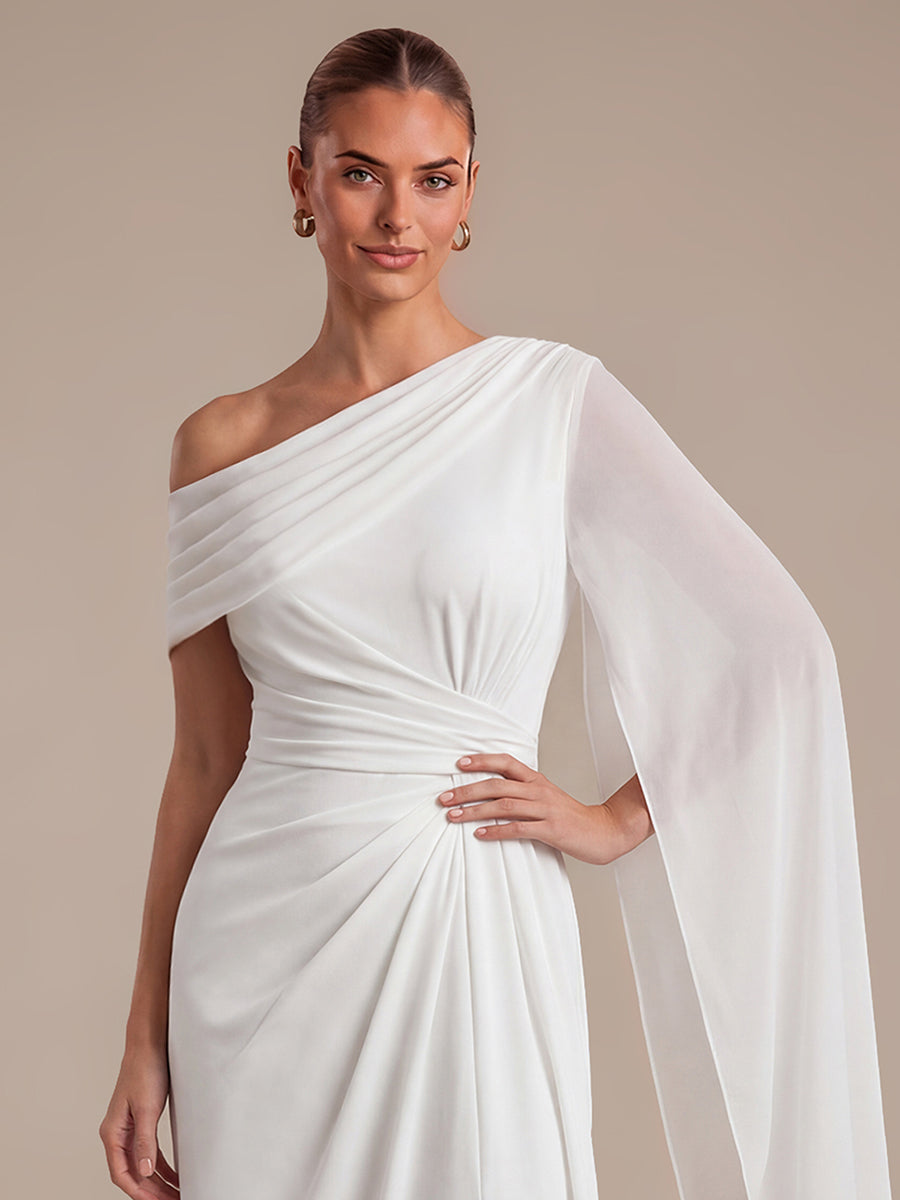 One-shoulder Ribbon detail Slit Maxi Evening Dress #color_White
