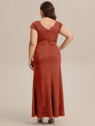 Plus Size Knotted Knit Cap Sleeve Maxi Glitter Evening Dress #color_Burnt Orange