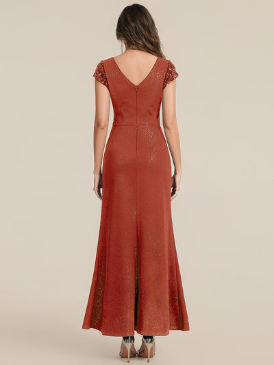 Knotted Knit Cap Sleeve Maxi Glitter Evening Dress #color_Burnt Orange