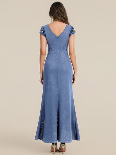 Knotted Knit Cap Sleeve Maxi Glitter Evening Dress #color_Dusty Blue