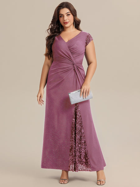 pretty KAIA|Plus Size Knotted Knit Cap Sleeve Maxi Glitter Evening Dress Purple Orchid / 24