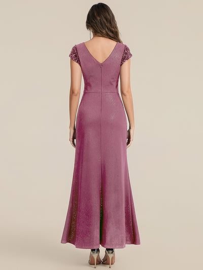Knotted Knit Cap Sleeve Maxi Glitter Evening Dress #color_Purple Orchid