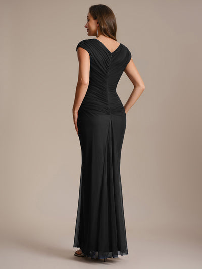See-through Tulle Cap Sleeve Evening Dress #color_Black