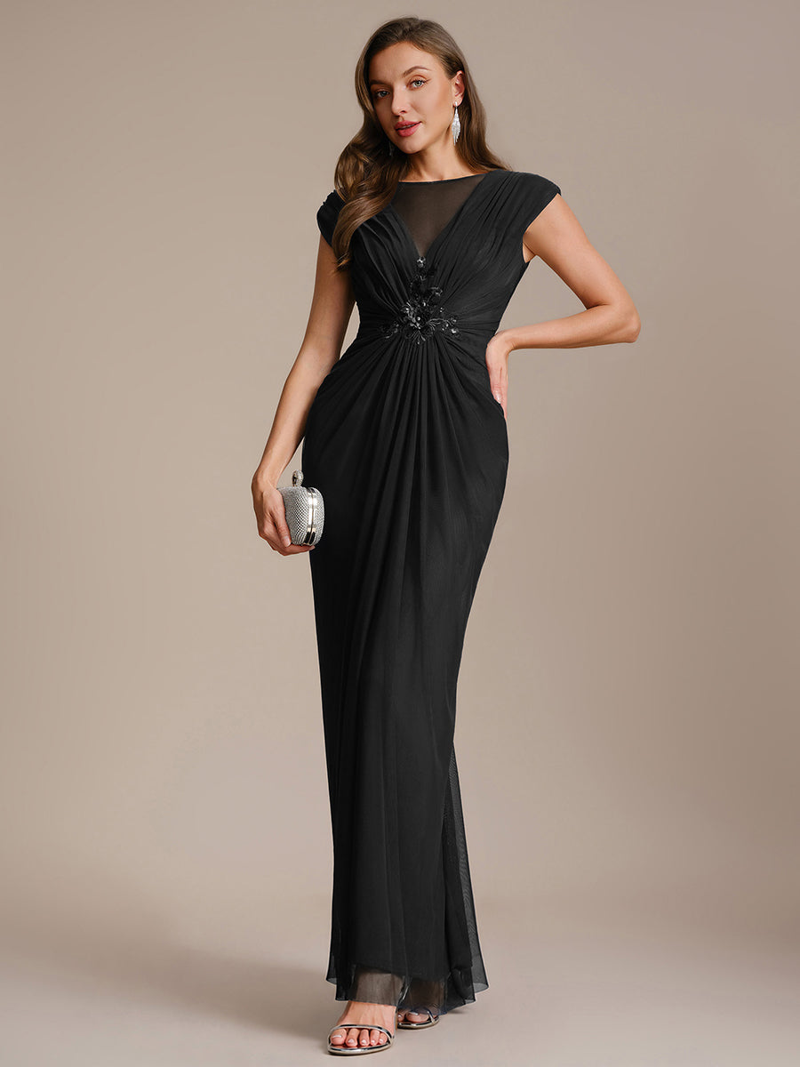 See-through Tulle Cap Sleeve Evening Dress #color_Black
