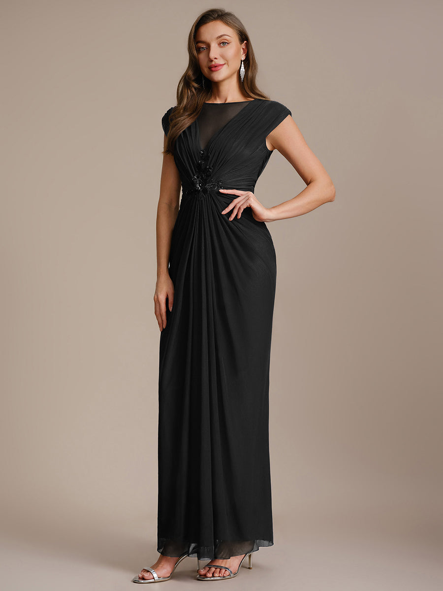 See-through Tulle Cap Sleeve Evening Dress #color_Black