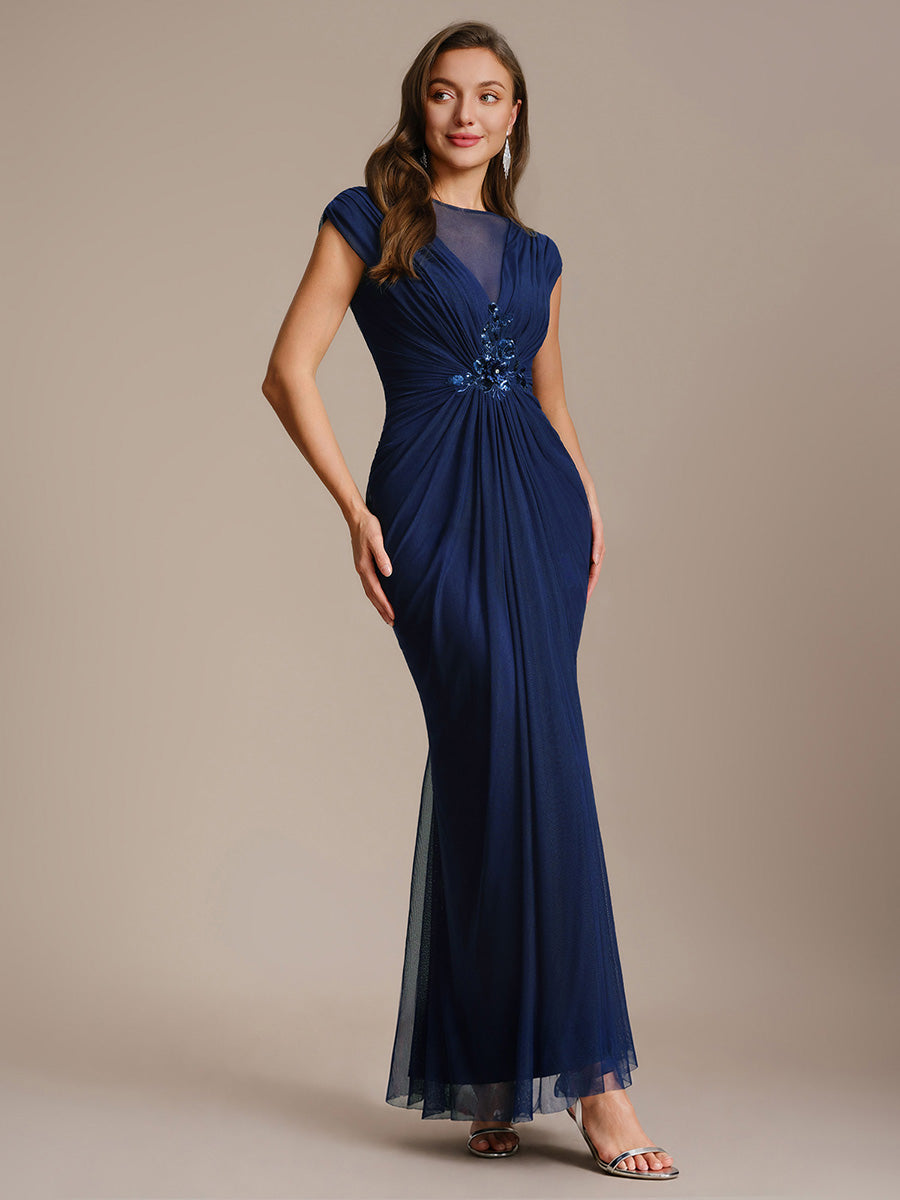 See-through Tulle Cap Sleeve Evening Dress #color_Navy Blue
