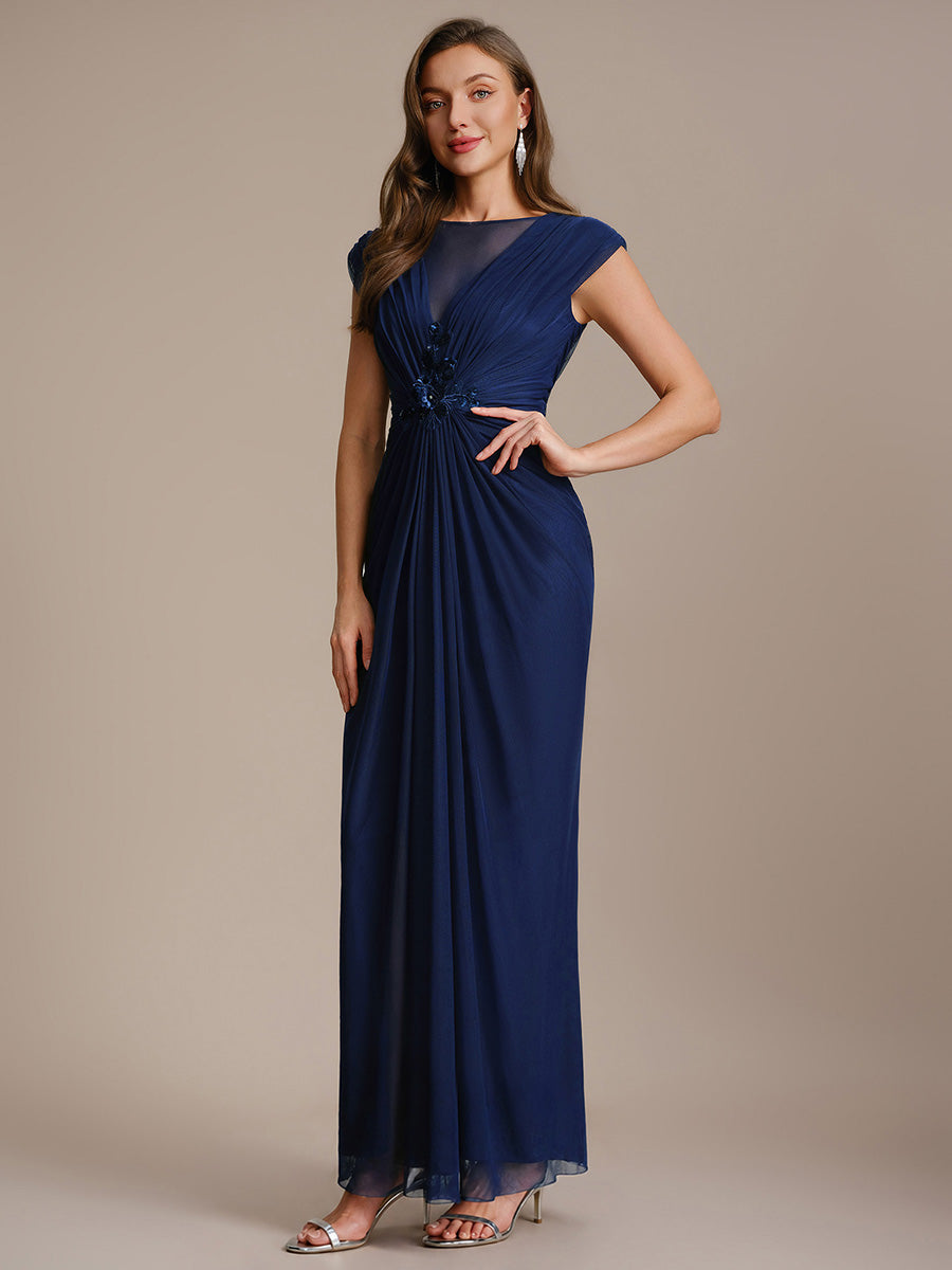 See-through Tulle Cap Sleeve Evening Dress #color_Navy Blue