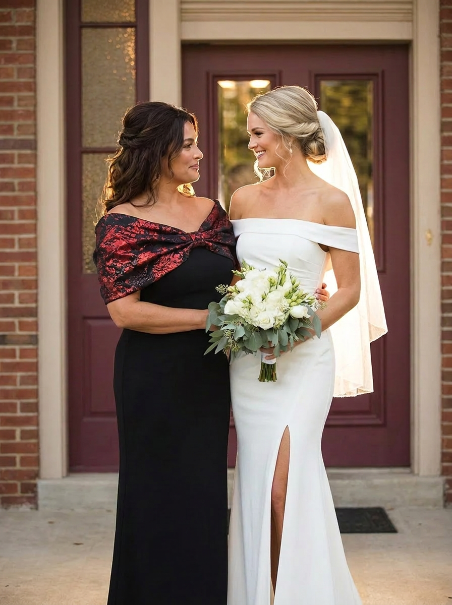 Plus Size Formal Evening Dress with Metallic Jacquard Shawl #color_Burgundy/Black
