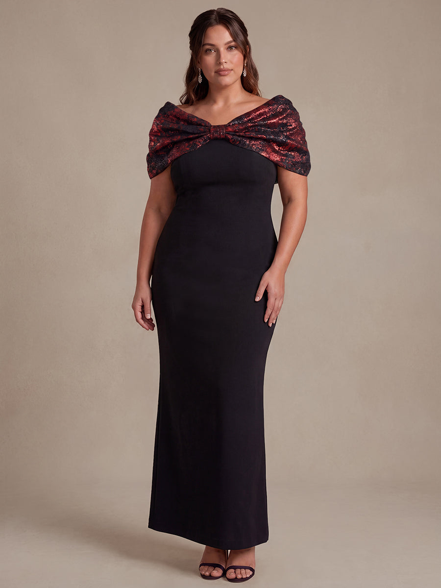 Plus Size Formal Evening Dress with Metallic Jacquard Shawl #color_Burgundy/Black