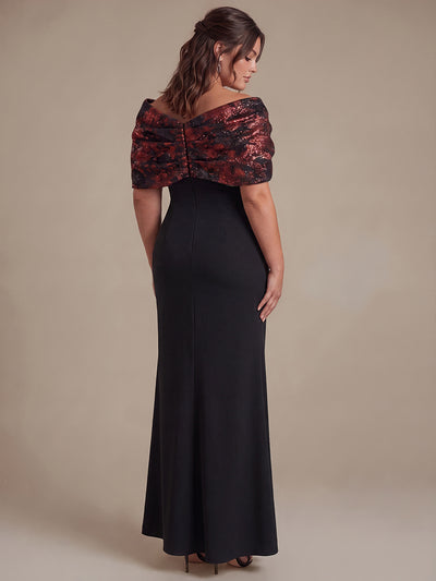 Plus Size Formal Evening Dress with Metallic Jacquard Shawl #color_Burgundy/Black