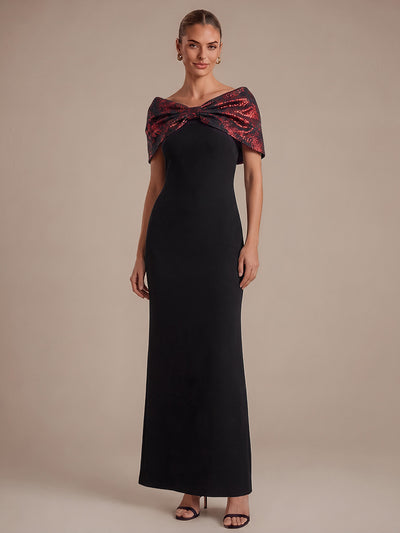 Knot Detail Jacquard Shawl Sleeve Evening Dress
