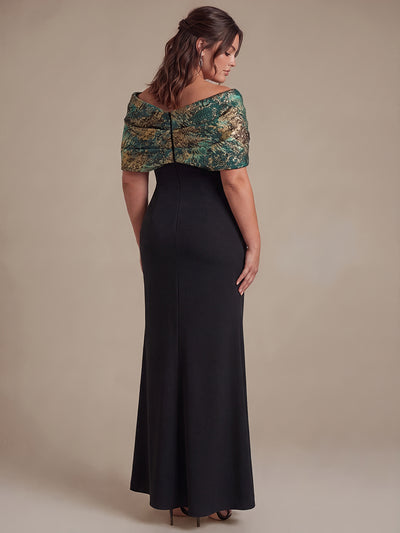 Plus Size Formal Evening Dress with Metallic Jacquard Shawl #color_Dark Green/Gold