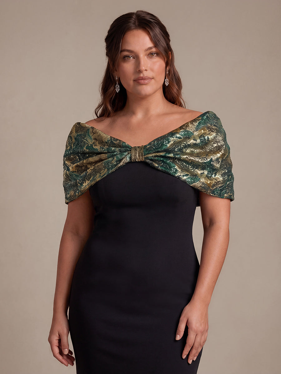 Plus Size Formal Evening Dress with Metallic Jacquard Shawl #color_Dark Green/Gold
