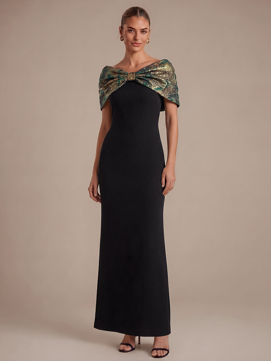 Knot Detail Jacquard Shawl Sleeve Evening Dress #color_Dark Green