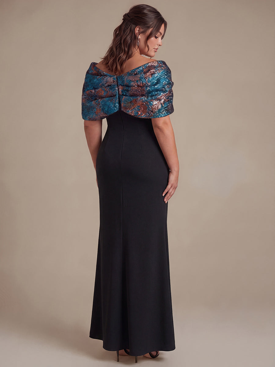 Plus Size Formal Evening Dress with Metallic Jacquard Shawl #color_Sapphire Blue/Gold