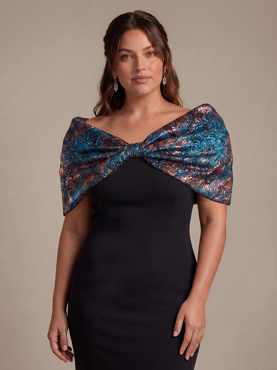 Plus Size Formal Evening Dress with Metallic Jacquard Shawl #color_Sapphire Blue/Gold