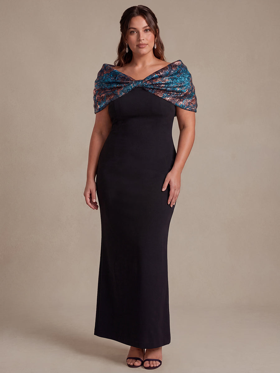 black and blue plus size dress Jacquard Cape Sleeve Formal Evening twist or bandeau