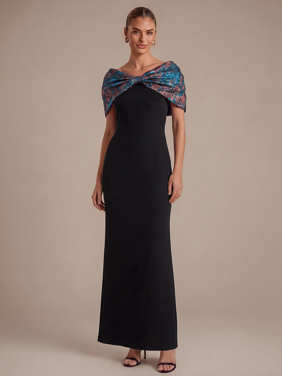 Knot Detail Jacquard Shawl Sleeve Evening Dress #color_Sapphire Blue