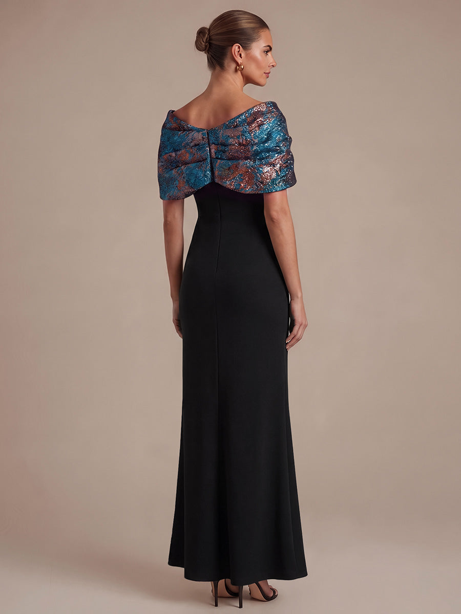 Knot Detail Jacquard Shawl Sleeve Evening Dress #color_Sapphire Blue