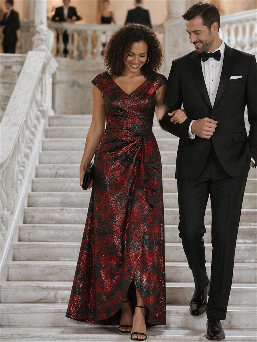 Ruffle Jacquard Cap Sleeve Evening Dress #color_Burgundy/Black