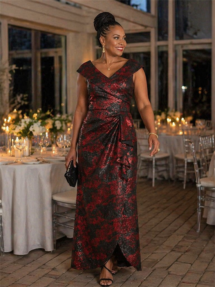 Ruffle Jacquard Cap Sleeve Evening Dress #color_Burgundy/Black