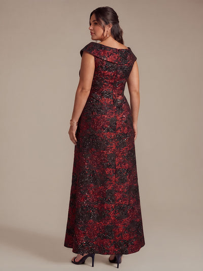 Plus Size Slit Jacquard Cap Sleeve Evening Dress #color_Burgundy/Black