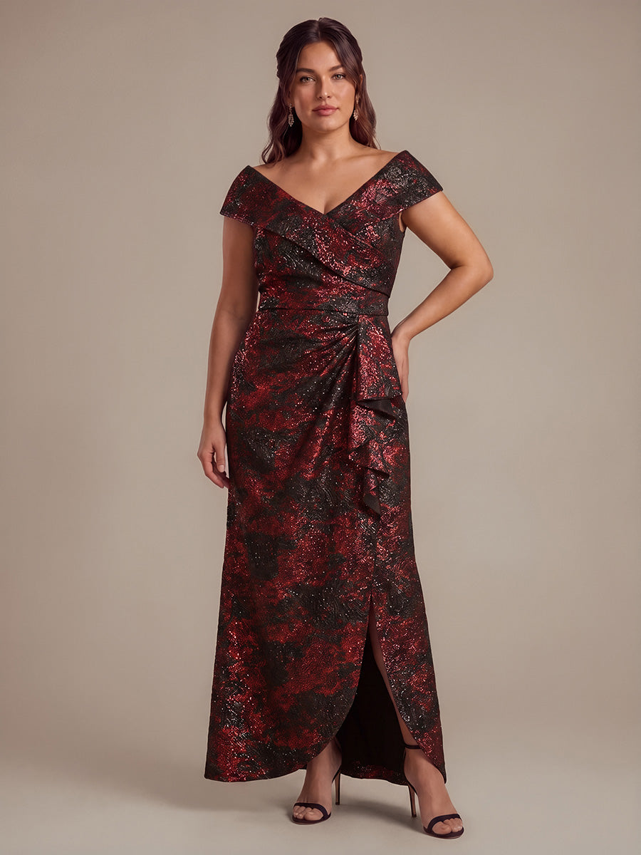 Ruffle Jacquard Cap Sleeve Evening Dress #color_Burgundy/Black