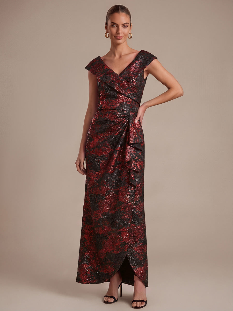 Ruffle Jacquard Cap Sleeve Evening Dress #color_Burgundy