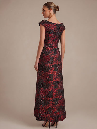 Ruffle Jacquard Cap Sleeve Evening Dress #color_Burgundy