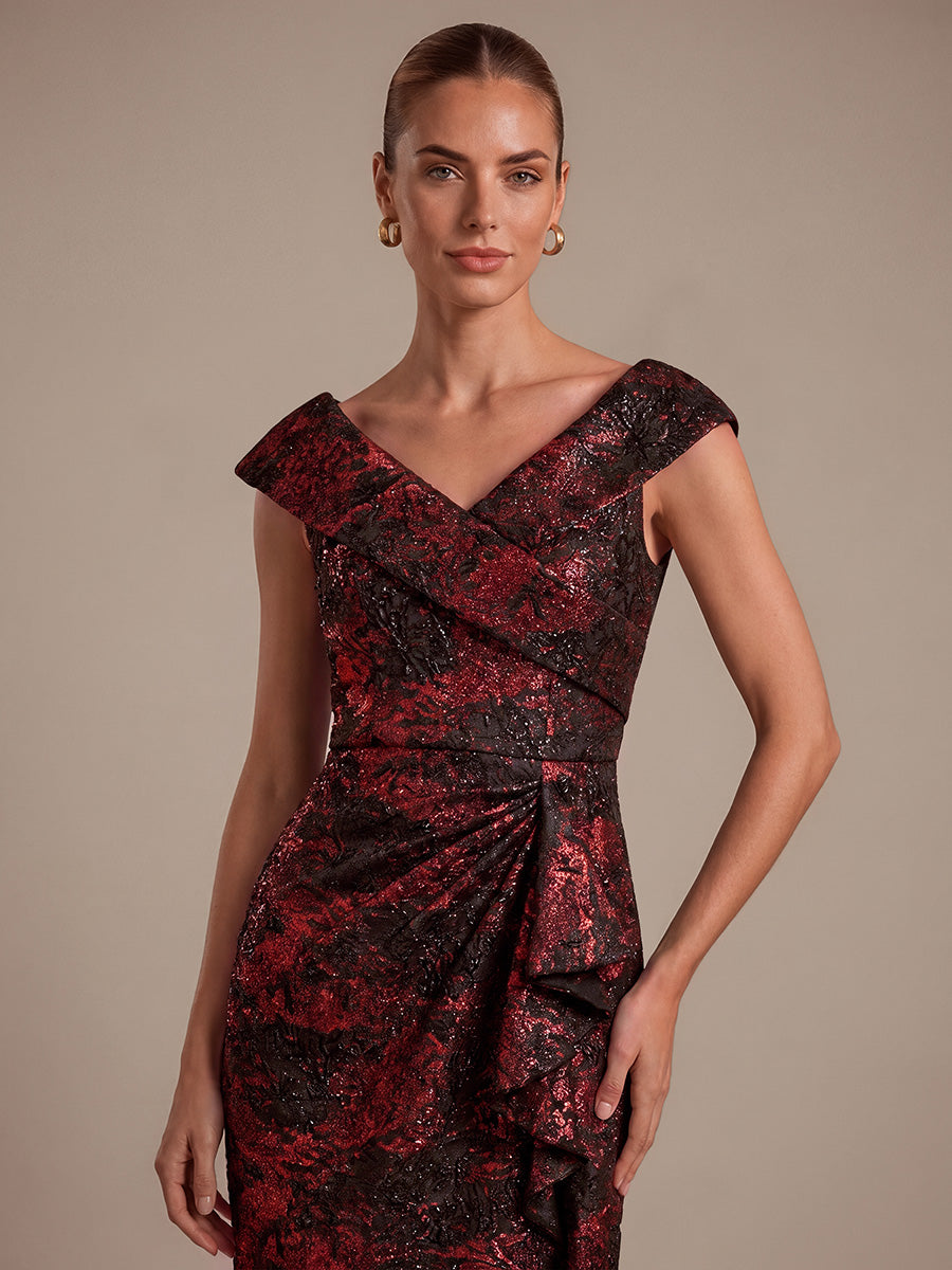 Ruffle Jacquard Cap Sleeve Evening Dress #color_Burgundy