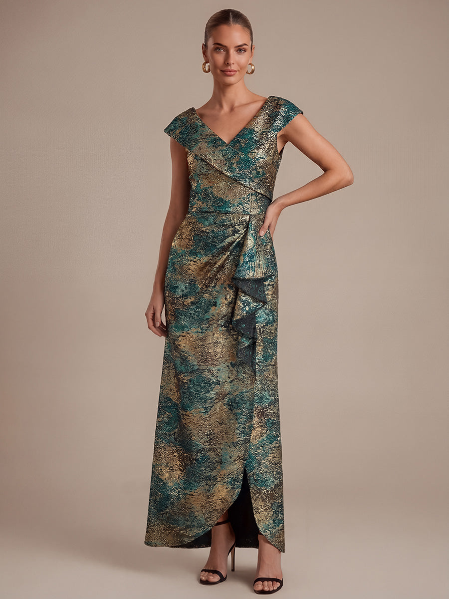 Ruffle Jacquard Cap Sleeve Evening Dress #color_Dark Green