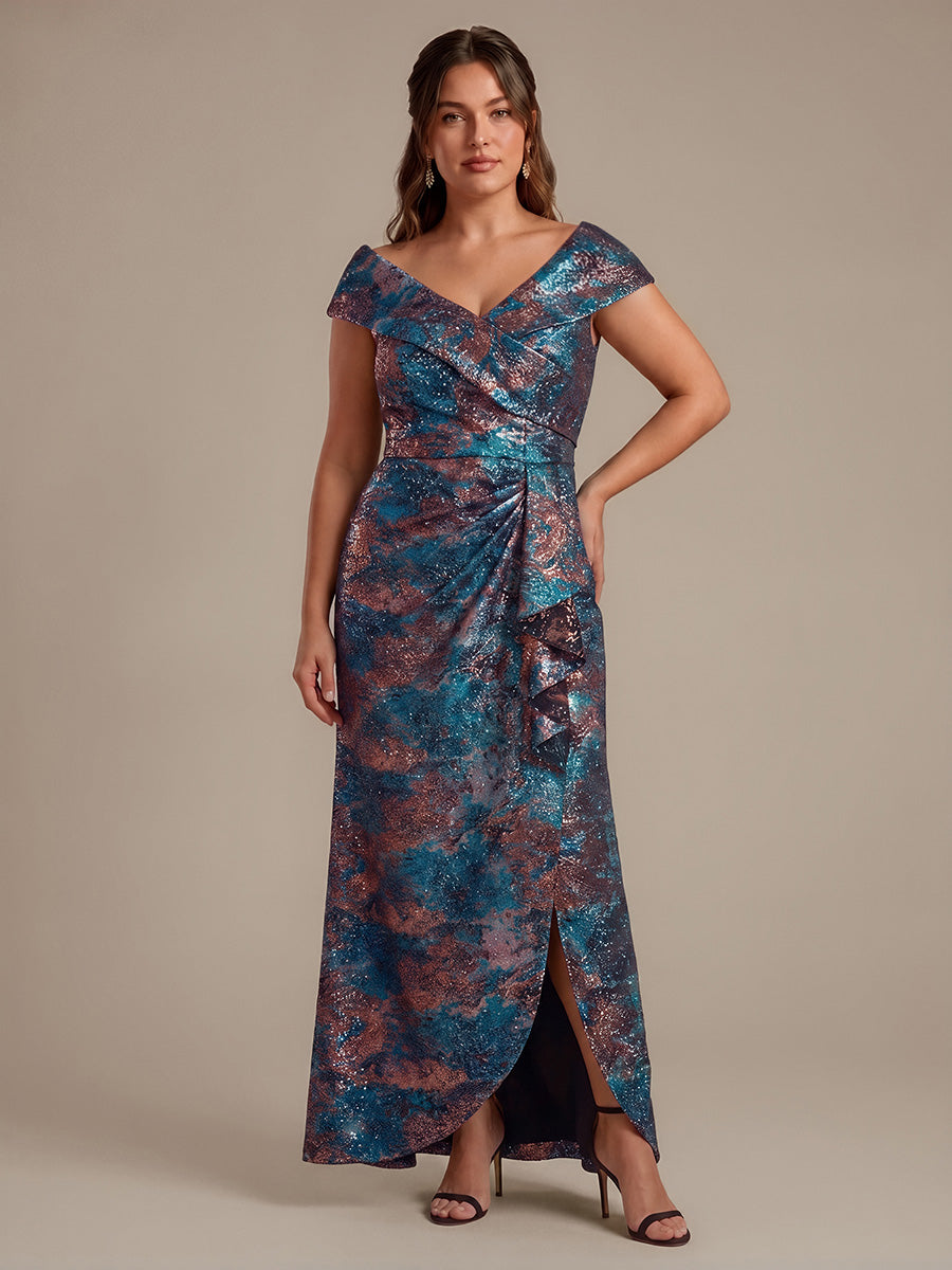 Plus Size Slit Jacquard Cap Sleeve Evening Dress #color_Sapphire Blue/Gold
