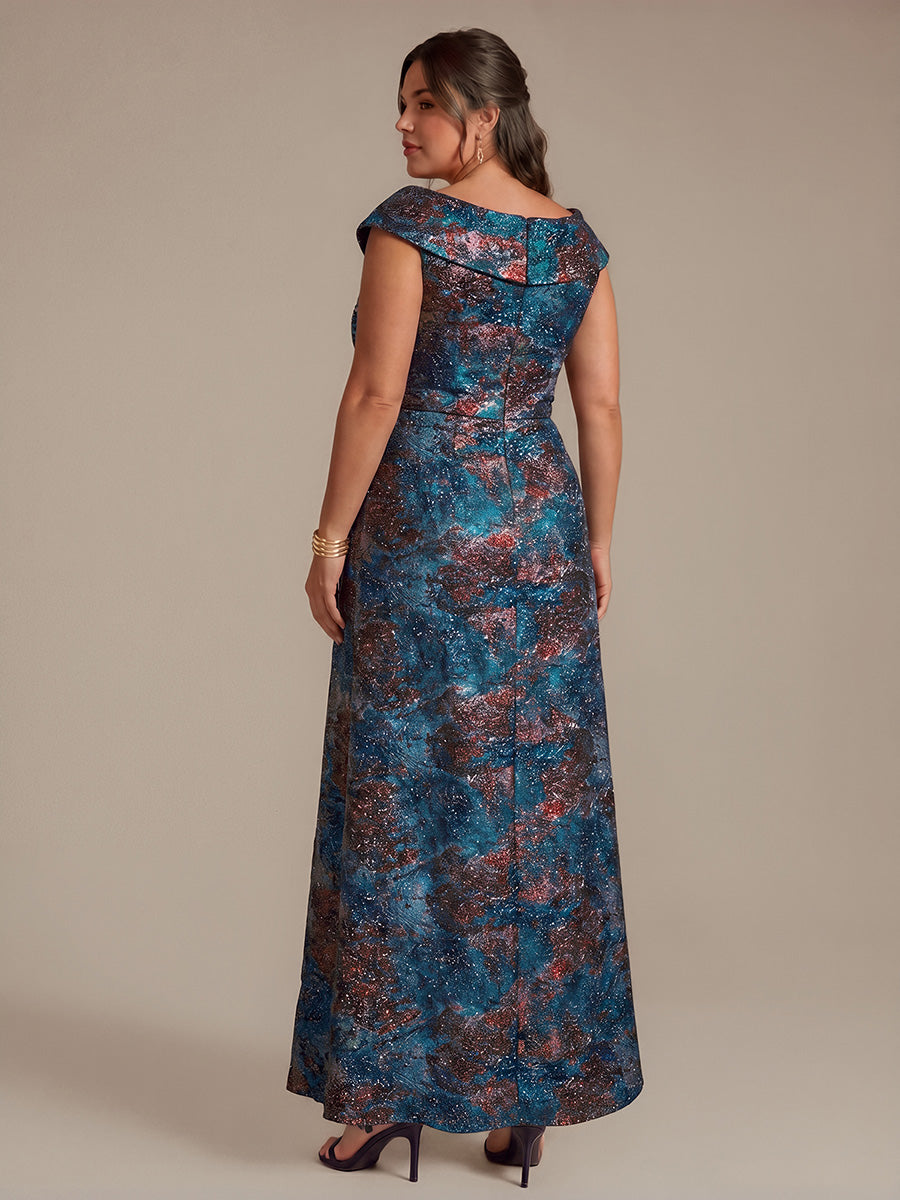Plus Size Slit Jacquard Cap Sleeve Evening Dress #color_Sapphire Blue/Gold