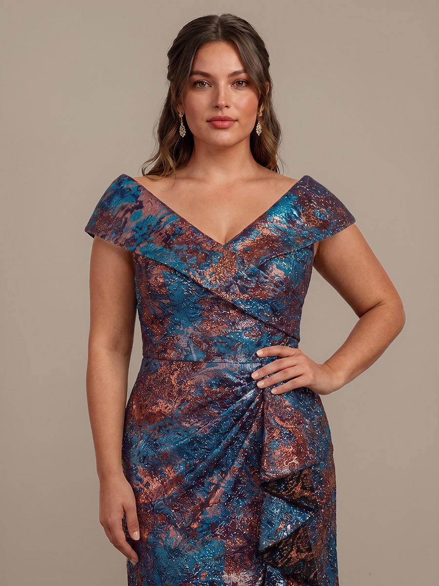 Plus Size Slit Jacquard Cap Sleeve Evening Dress #color_Sapphire Blue/Gold
