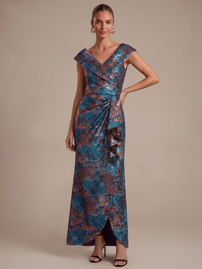 Ruffle Jacquard Cap Sleeve Evening Dress