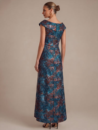 Ruffle Jacquard Cap Sleeve Evening Dress #color_Sapphire Blue