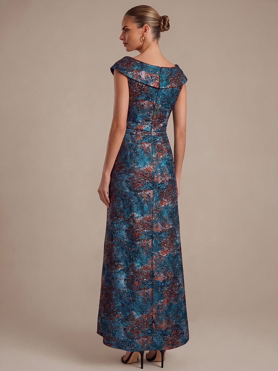 Ruffle Jacquard Cap Sleeve Evening Dress #color_Sapphire Blue