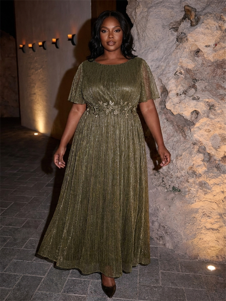 Plus Size Lurex Tulle Shimmer Short Sleeve Evening Dress #color_Metallic Gold