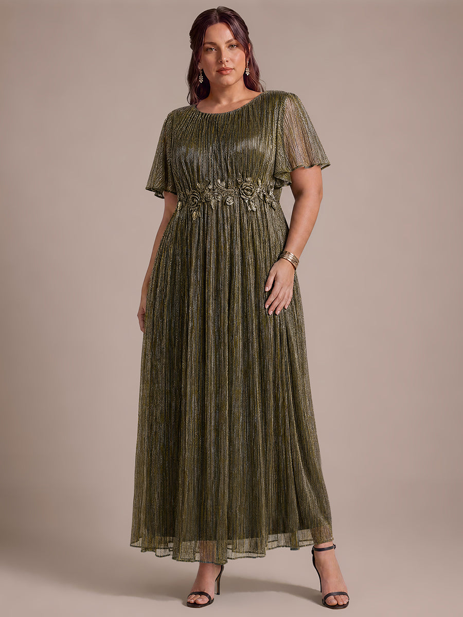 Plus Size Lurex Tulle Shimmer Short Sleeve Evening Dress #color_Metallic Gold