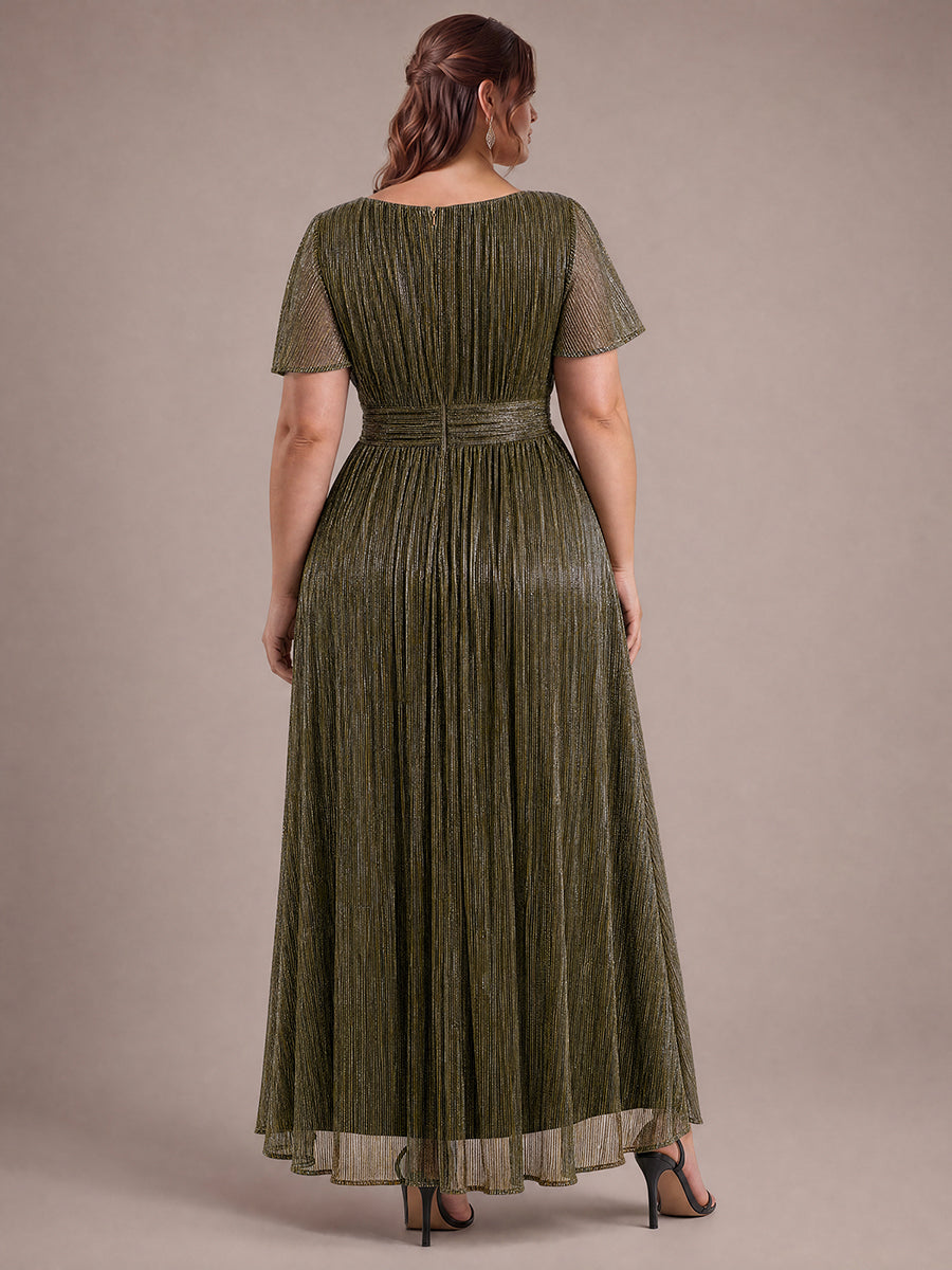 Plus Size Lurex Tulle Shimmer Short Sleeve Evening Dress #color_Metallic Gold
