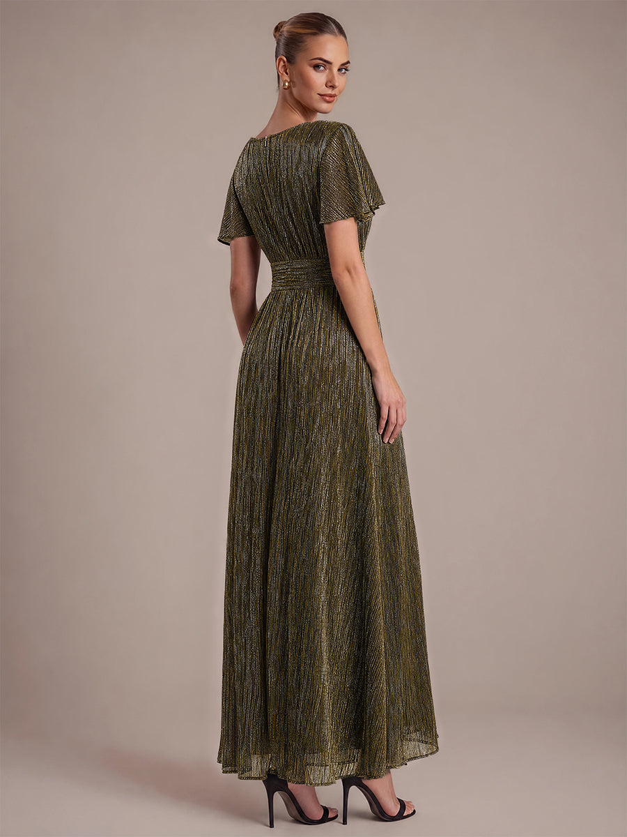 Lurex Tulle Shimmer Short Sleeve Evening Dress #color_Metallic Gold